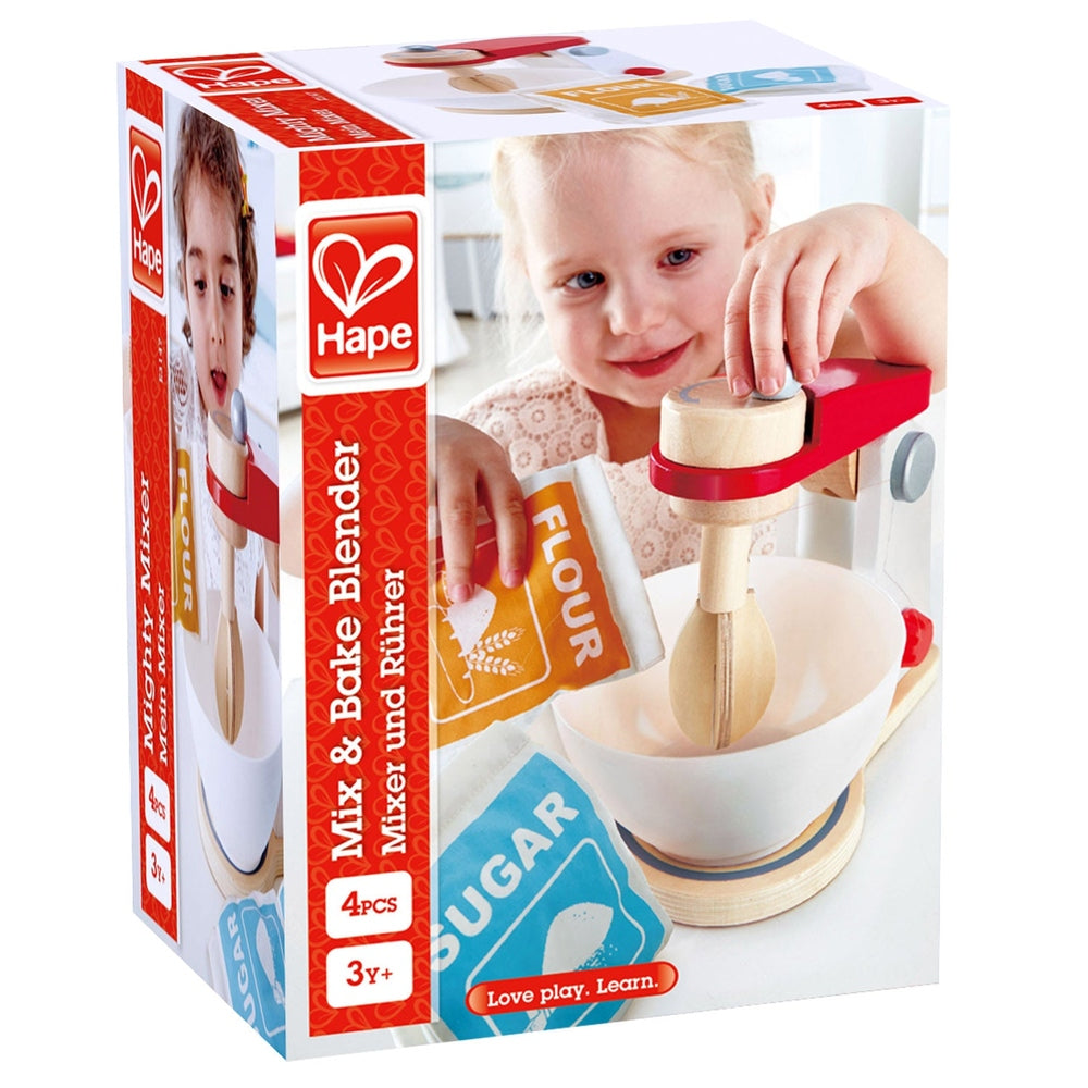 Hape Mix & Bake Blender toy set; wooden mixer with red accents and white mixing bowl (4pcs)
