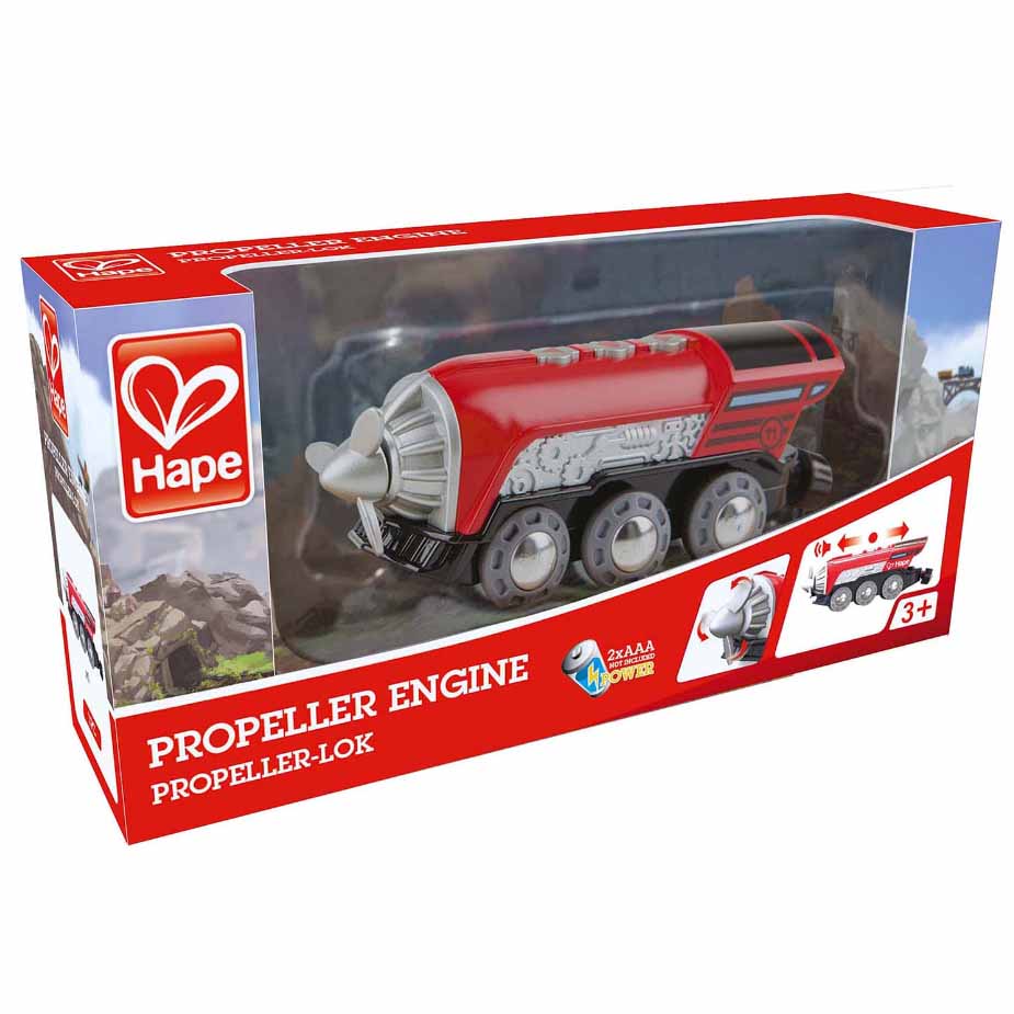 Hape Propeller Engine toy train in red with silver propeller, shown in red packaging for ages 3+.