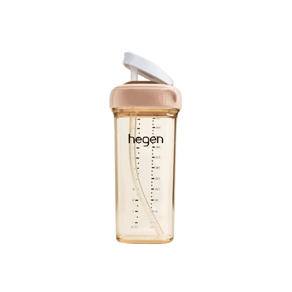 Hegen PCTO 330 ml straw cup with pink lid and clear body, shown ready for a sip.