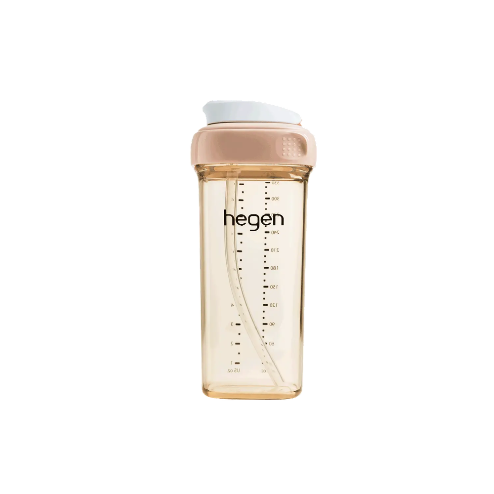 Hegen PCTO 330 ml/11 oz straw cup with peach lid and clear body, ideal for growing toddlers.