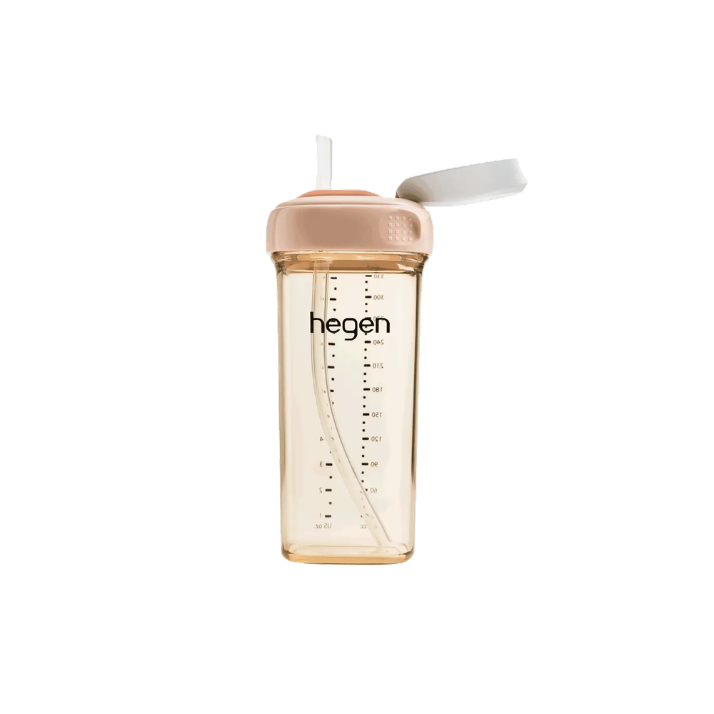 Hegen PCTO™ 330 ml/11 oz straw cup with pink lid; clear bottle shows straw positioned for sipping.