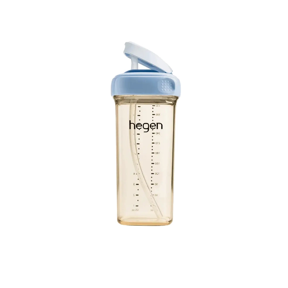 HEGEN PCTO 330 ml straw cup with light-blue flip lid and integrated straw, clear body with measurement marks.