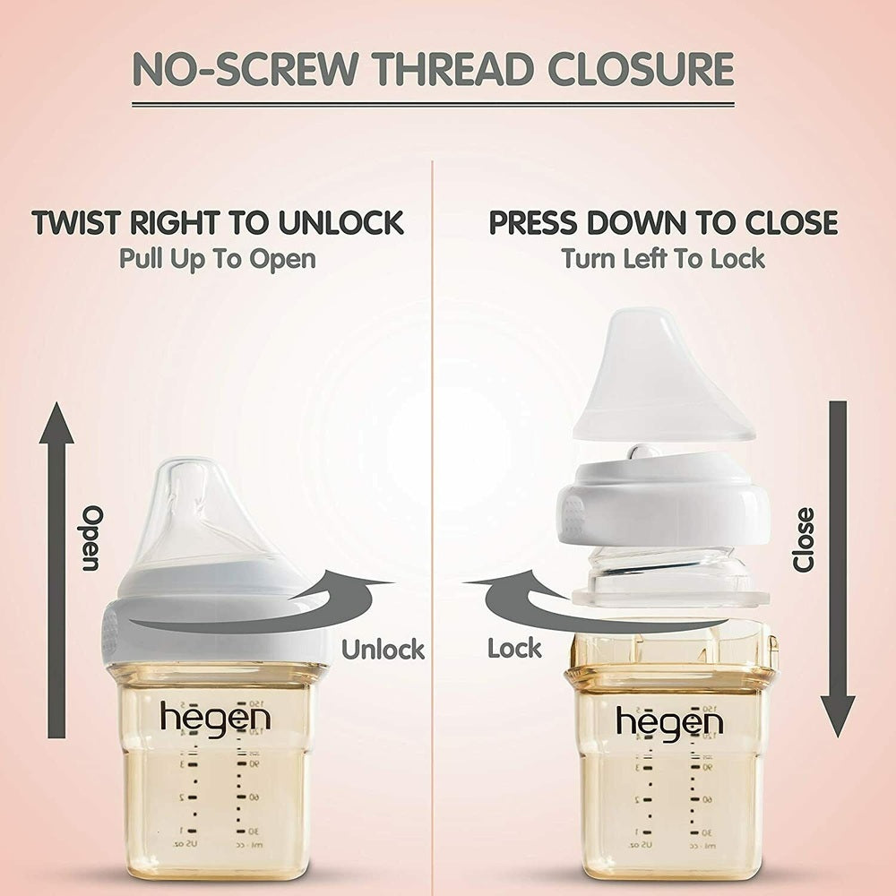 Hegen PCTO Basic Starter Kit PPSU baby bottles with no-screw thread closure infographic showing unlock and lock steps.