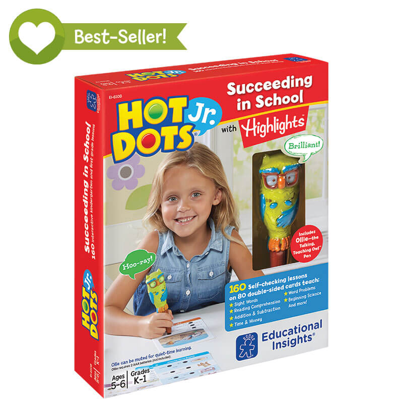 Hot Dots Jr Succeeding in School box with girl holding the talking owl pen; by HOT DOTS JR.