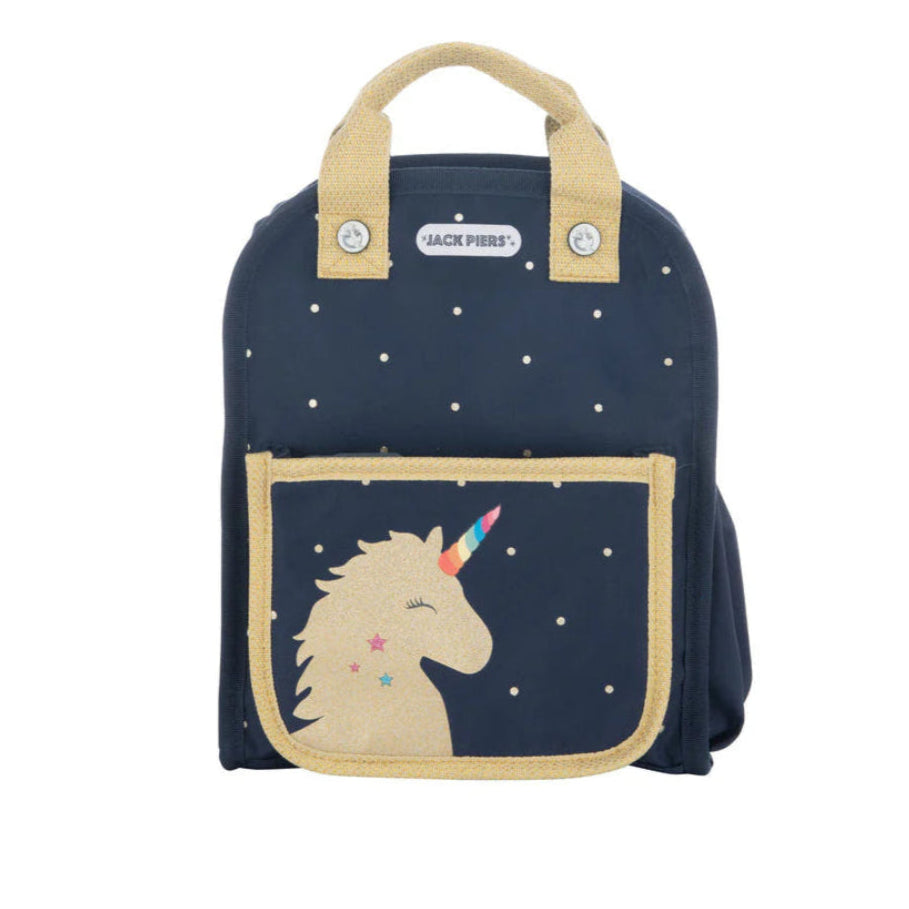 Jack Piers Backpack Amsterdam Large navy bag with beige handles and a unicorn-printed front pocket.
