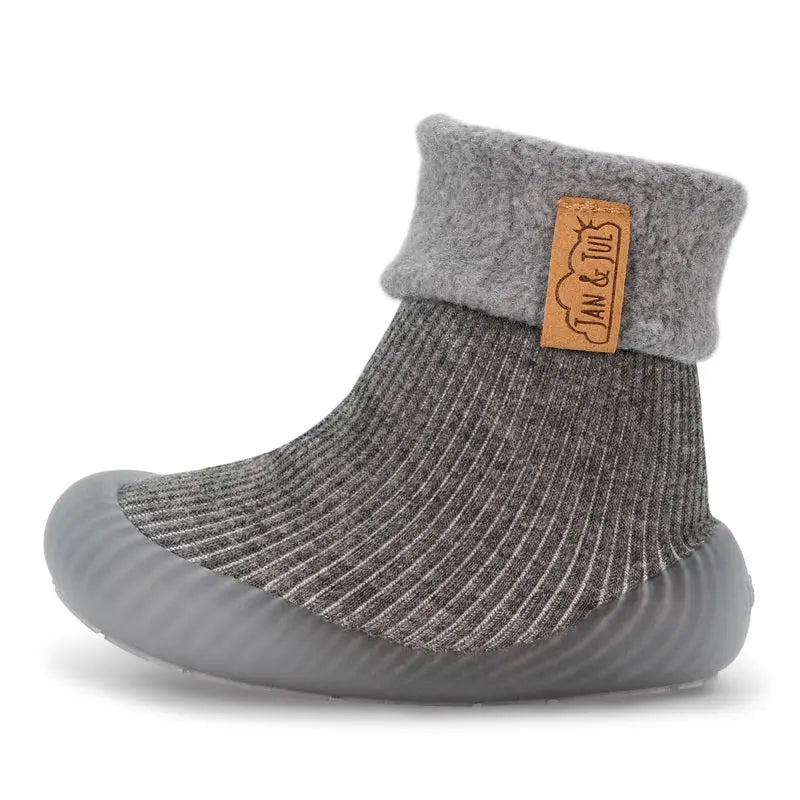Jan & Jul Cozy Sock Shoes Dark Grey knit with soft cuff and rubber sole for toddlers, displayed on white background.