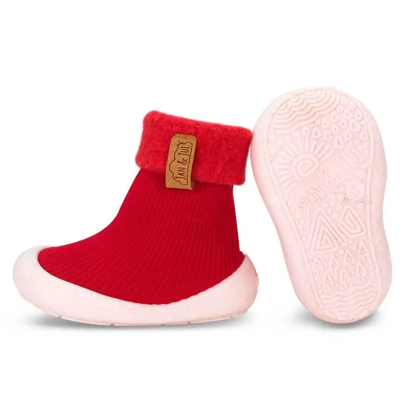 JAN & JUL Cozy Sock Shoes Red pair; red knit upper with pink sole, folded cuff, one shoe turned to show tread.