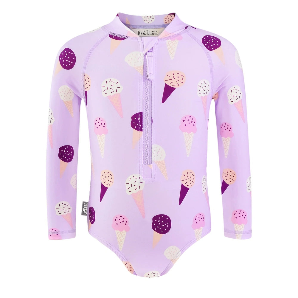 Jan & Jul Girls One Piece UV Swimsuit Lavender Ice Cream with long sleeves, front zipper, ice cream cone print.