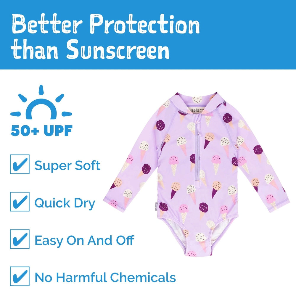 JAN & JUL Girls One Piece UV Swimsuit Lavender Ice Cream with front zipper for easy on/off, 50+ UPF, quick-dry