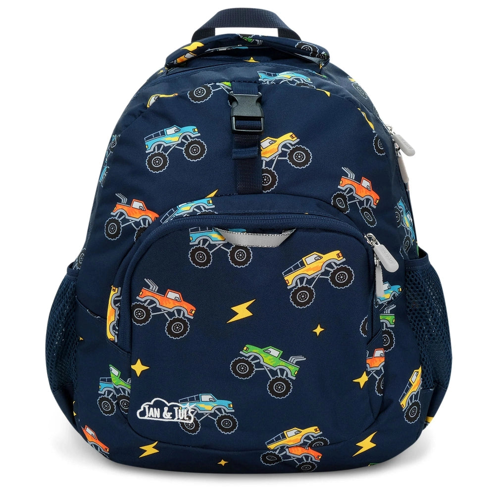 Jan & Jul Kids Backpack navy with monster-truck print; front zip pocket, mesh side pockets, adjustable straps.
