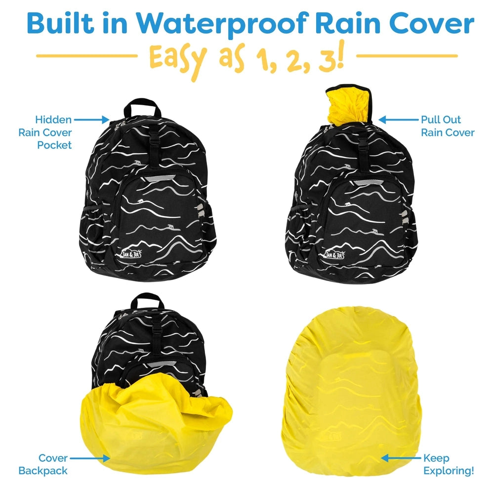 JAN & JUL Kids Backpack in black with white wave pattern; features hidden rain cover pocket and yellow rain cover pulled out for use.