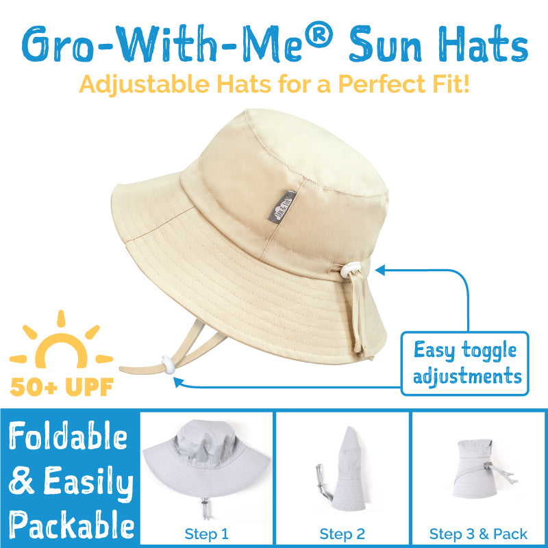 JAN & JUL Kids Cotton Bucket Hat Dino, beige cotton with UPF 50+, adjustable toggle, foldable & packable