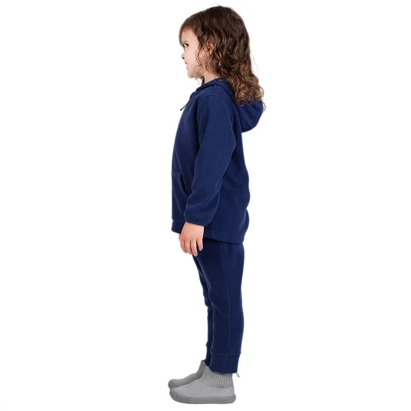 Jan & Jul Kids Fleece Jacket Navy worn by a toddler in side profile, showing hood and cozy fleece warmth.