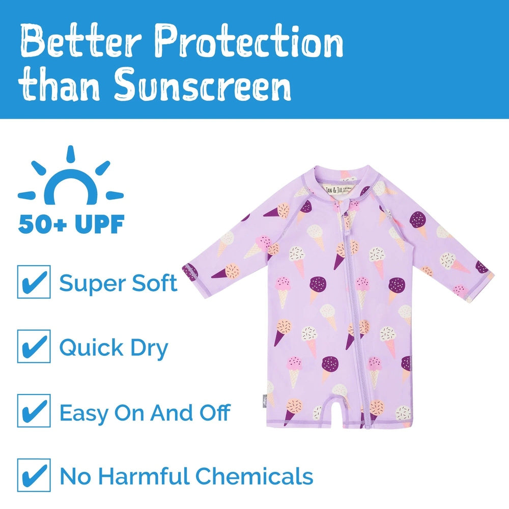 JAN & JUL Kids One Piece UV Sun Suit Lavender Ice Cream laid flat with front zipper, showing 50+ UPF and quick-dry fabric.