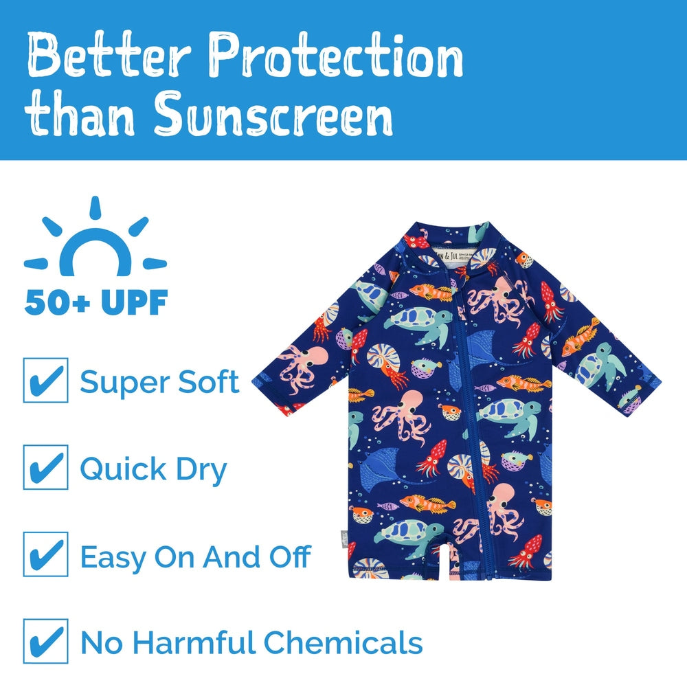 Jan & Jul Kids One Piece UV Sun Suit Sea Friends in navy sea-creature print, showing UPF 50+ protection and quick-dry, easy-on/off.