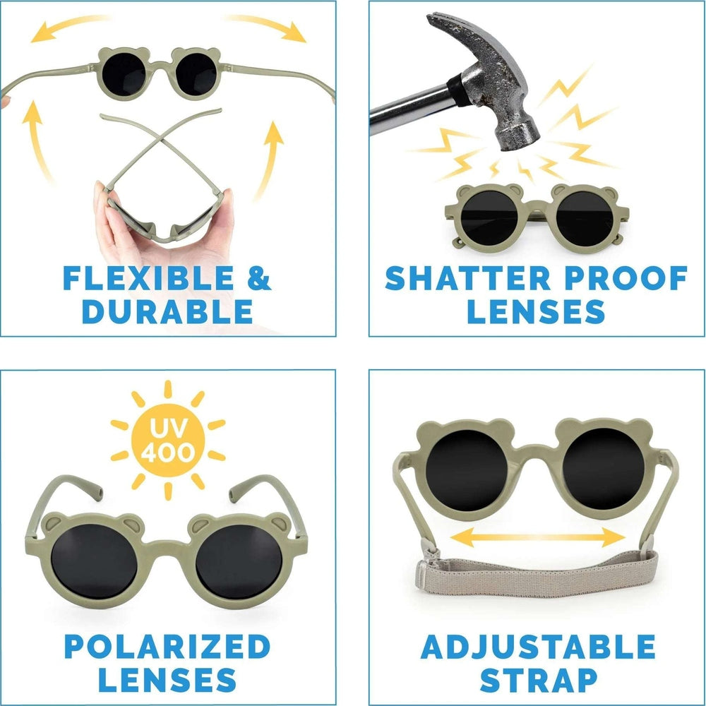 JAN & JUL kids bear sunglasses in olive khaki, polarized lenses, and adjustable strap