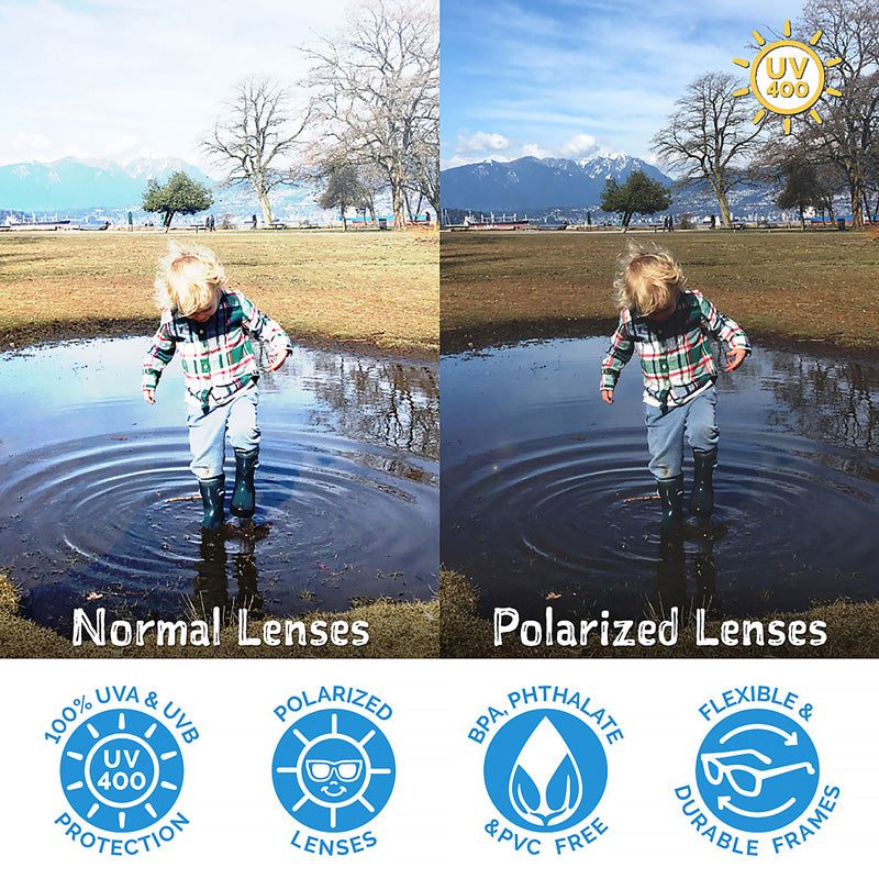 JAN & JUL Kids Polarized Heart Sunglasses Lavender; child splashes in a puddle as polarized lenses cut glare.