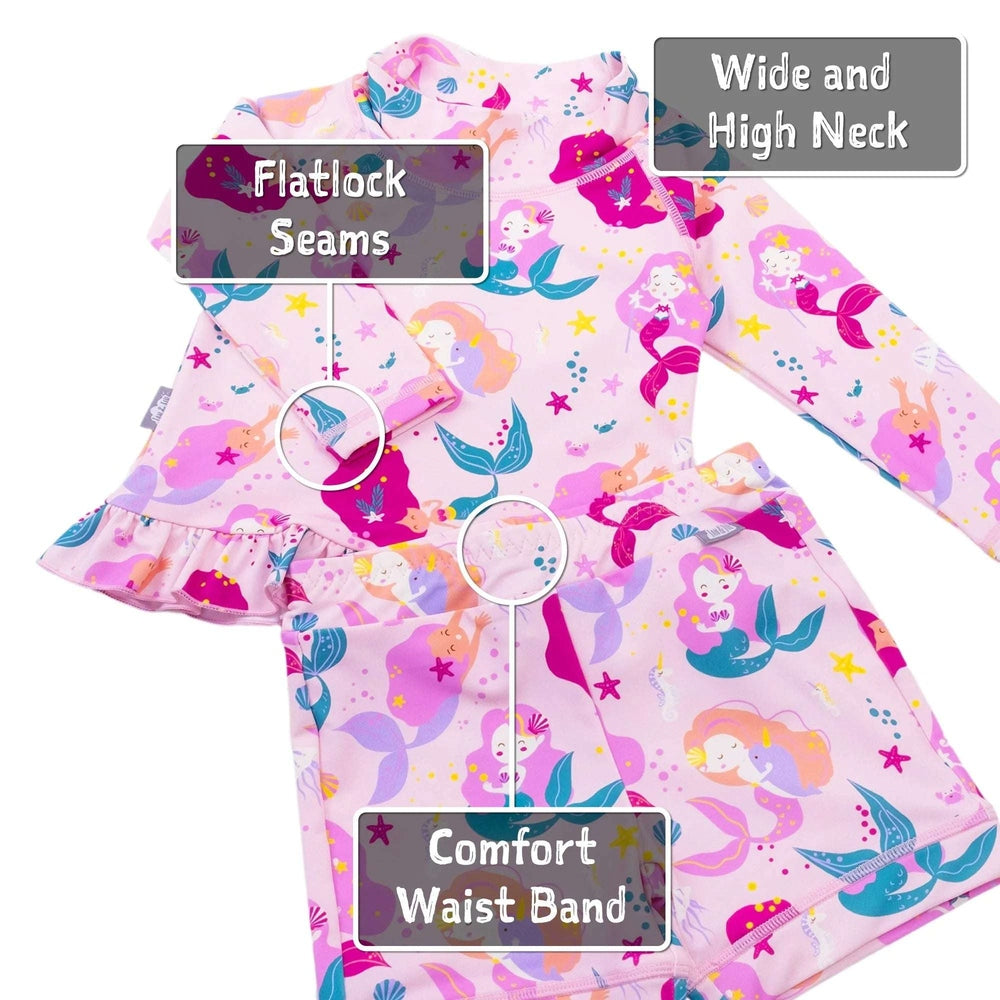 Jan & Jul kids UV rashguard set, pink mermaid print, 2-piece with wide neck
