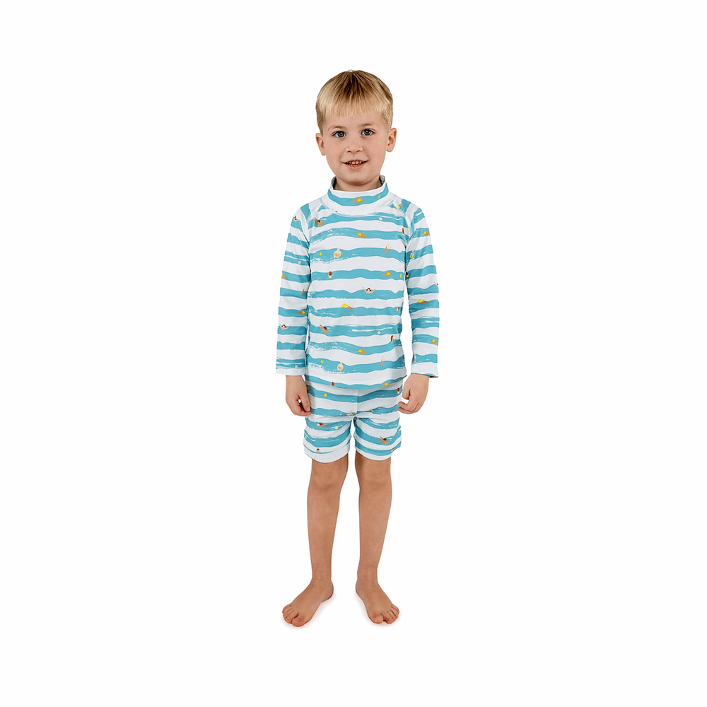 Jan & Jul two-piece kids UV rashguard set Waterplay; blue and white striped long-sleeve top with shorts