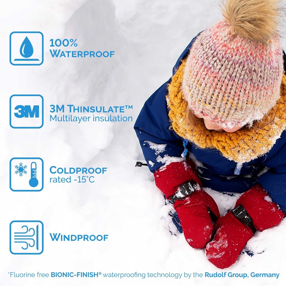 Jan & Jul Kids Waterproof Mittens Dusty Blue worn by a child in the snow, demonstrating warmth and snug fit.