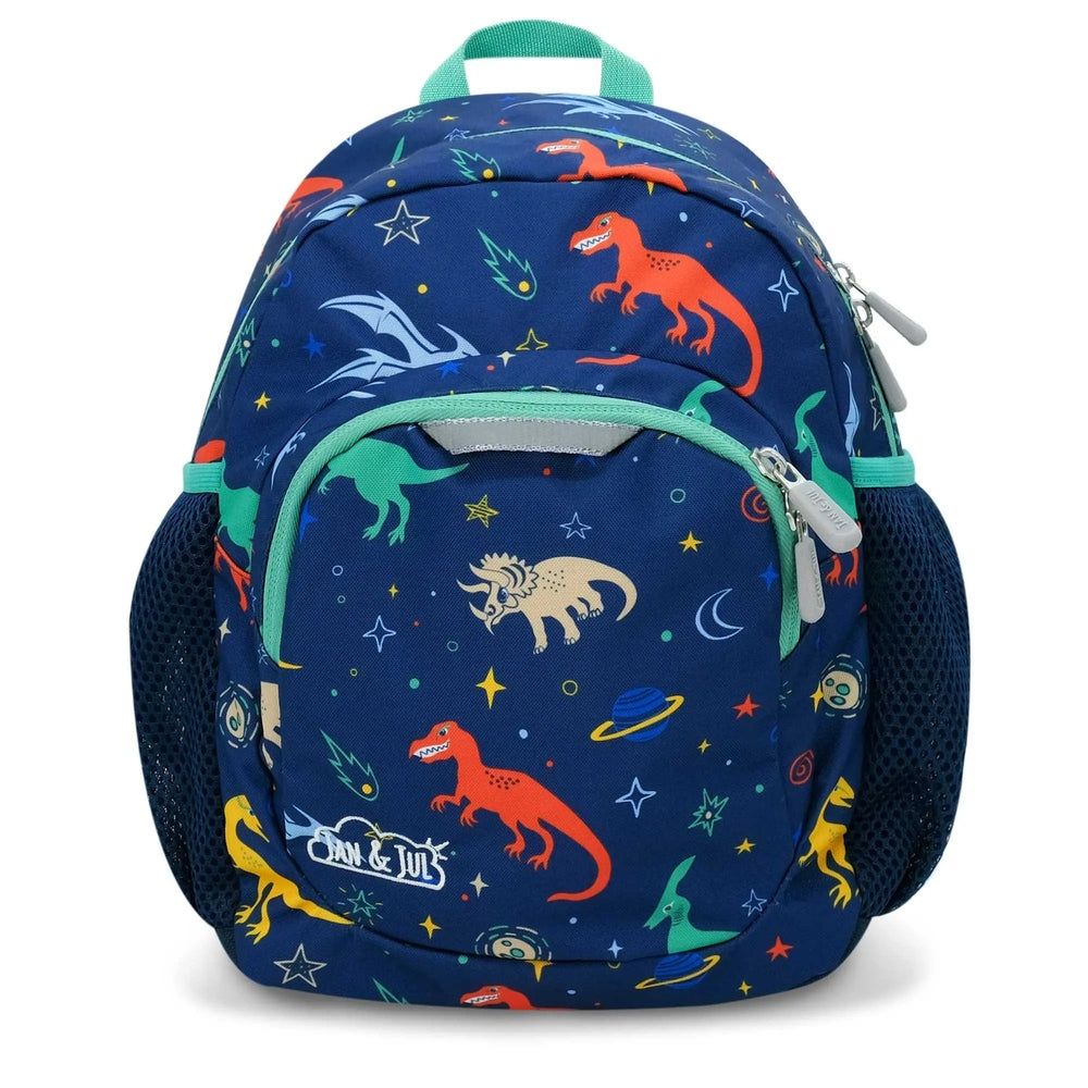 Jan & Jul Kids Mini Backpack in blue with dinosaur-space print, teal zipper trim, green top handle, side mesh pockets