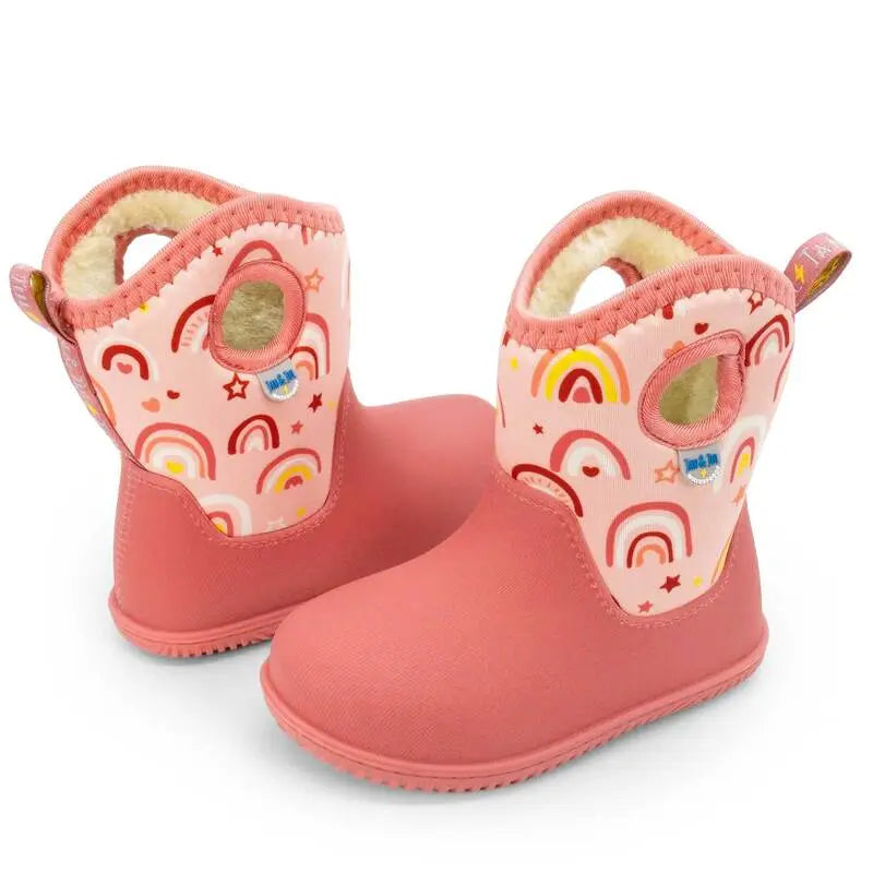 Jan & Jul Toasty Dry Lite Winter Boots Pink Rainbow pair; pink toddler boots with fleece lining