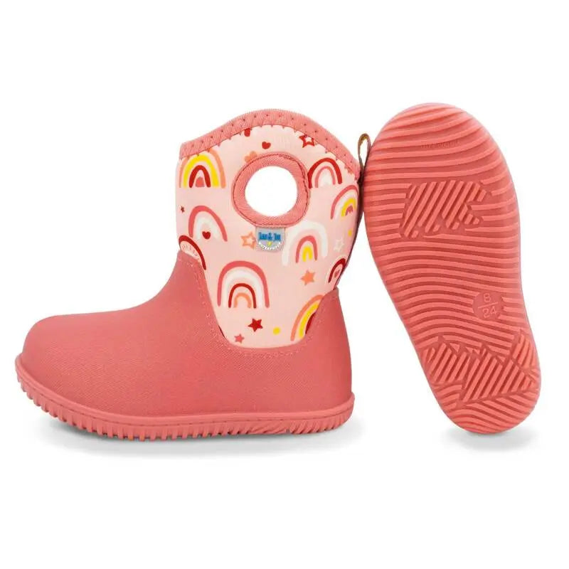 Jan & Jul Toasty Dry Lite Winter Boots Pink Rainbow; toddler boot with pink rubber sole and rainbow-print shaft.