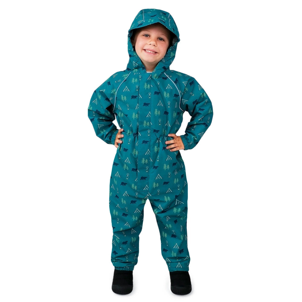 JAN & JUL Waterproof Cozy Dry Rain Suit Summer Camp: teal hooded one-piece worn by a smiling child with hands on hips.
