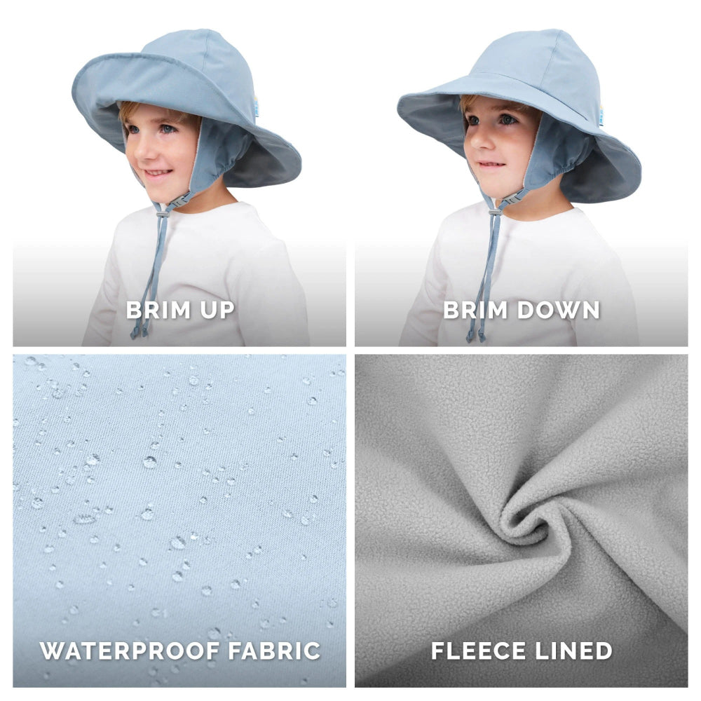 JAN & JUL kids' dusty blue waterproof rain hats set of 2, fleece-lined with brim up or down