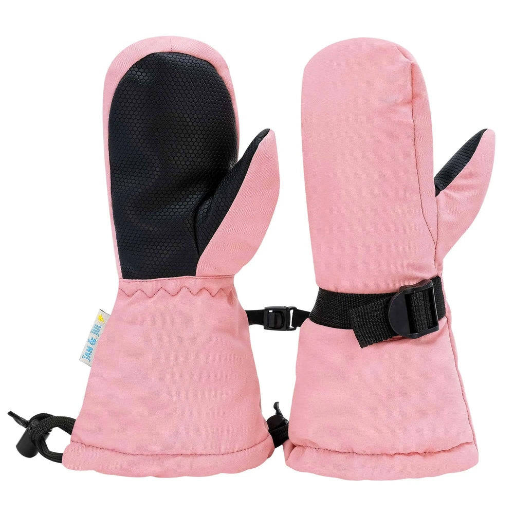 JAN & JUL Waterproof Toasty Dry Mitten in dusty pink with black textured palms and an adjustable strap securing at the wrist.