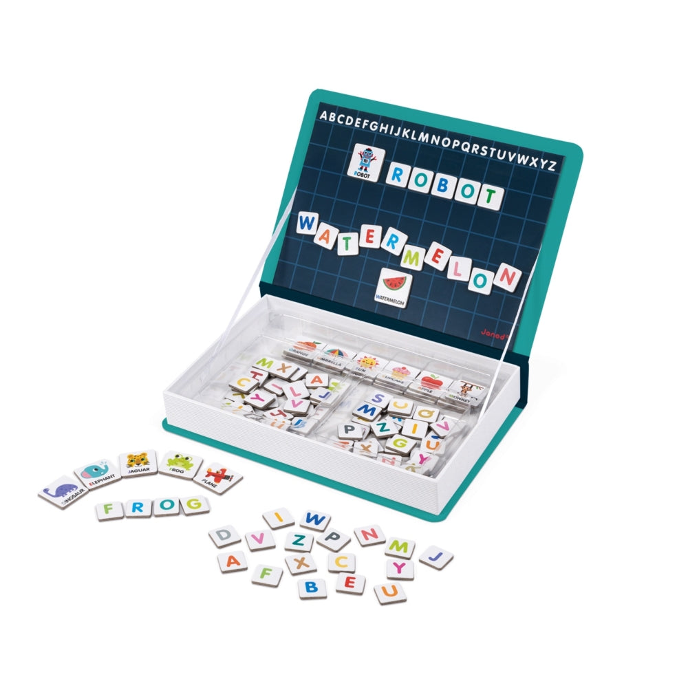 JANOD Magnetibook English Alphabet toy with teal case; magnetic letters laid out in the tray.