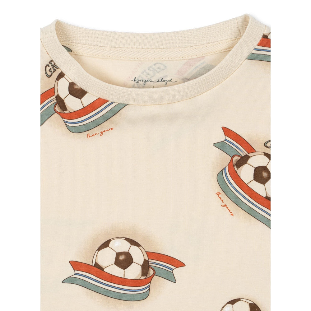 Konges Slojd basic two-piece set in cream with soccer ball graphics and striped ribbons