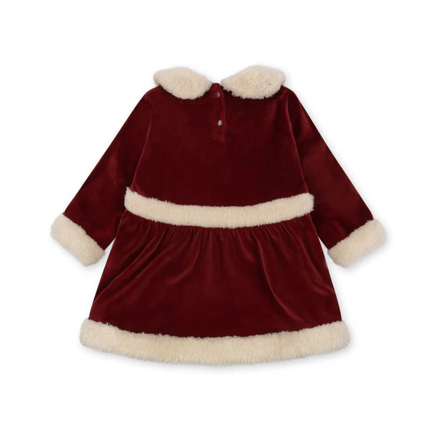 Konges Slojd Christmas Dress Red Dahlia: burgundy velvet with cream faux-fur trim at collar, cuffs, and hem.