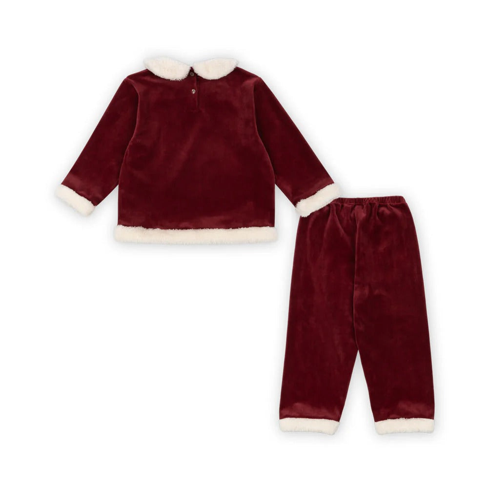 Konges Slojd Christmas Set Red Dahlia baby outfit: burgundy velvet top with white faux-fur trim and matching pants.