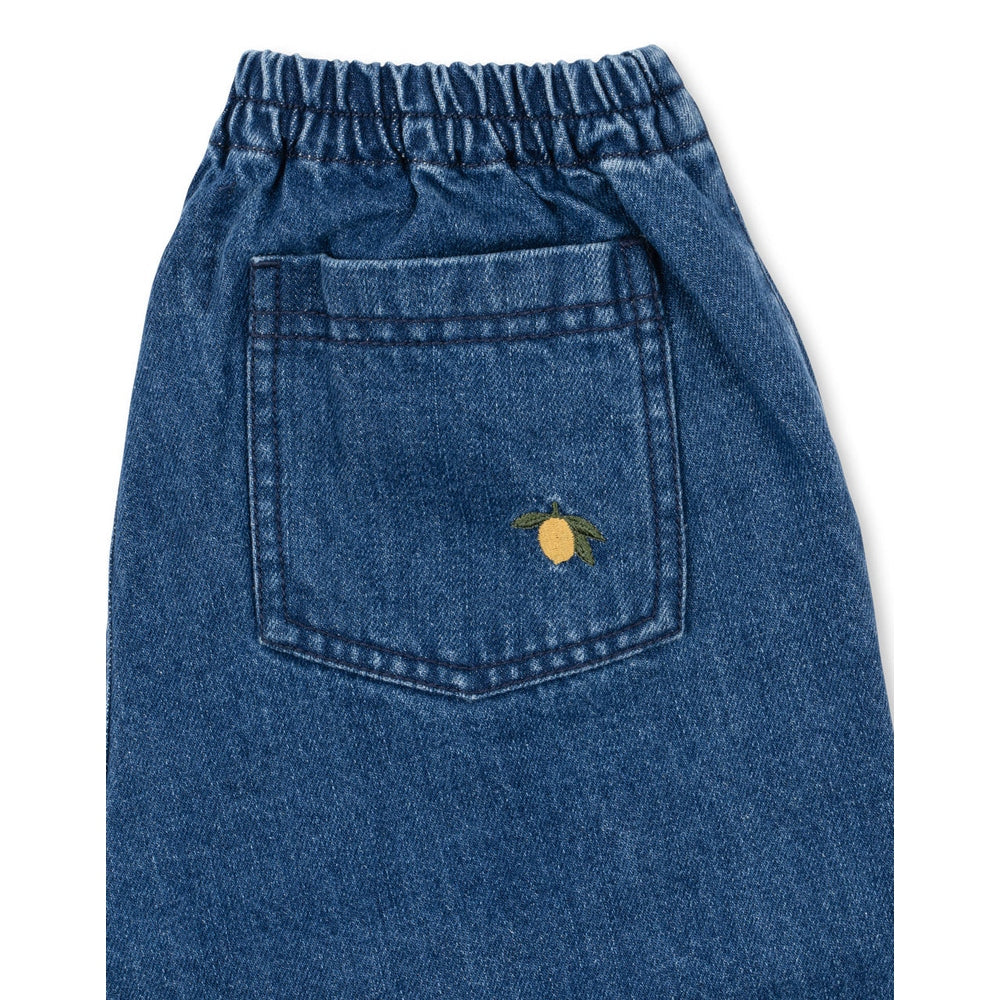 Konges Slojd Denim Pants GOTS Denim Blue with lemon embroidery on back pocket, elastic waist.
