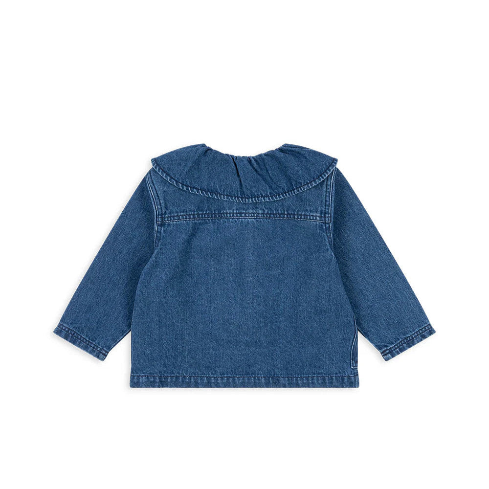Konges Slojd Denim Shirt GOTS denim blue shown from back with curved yoke and long sleeves