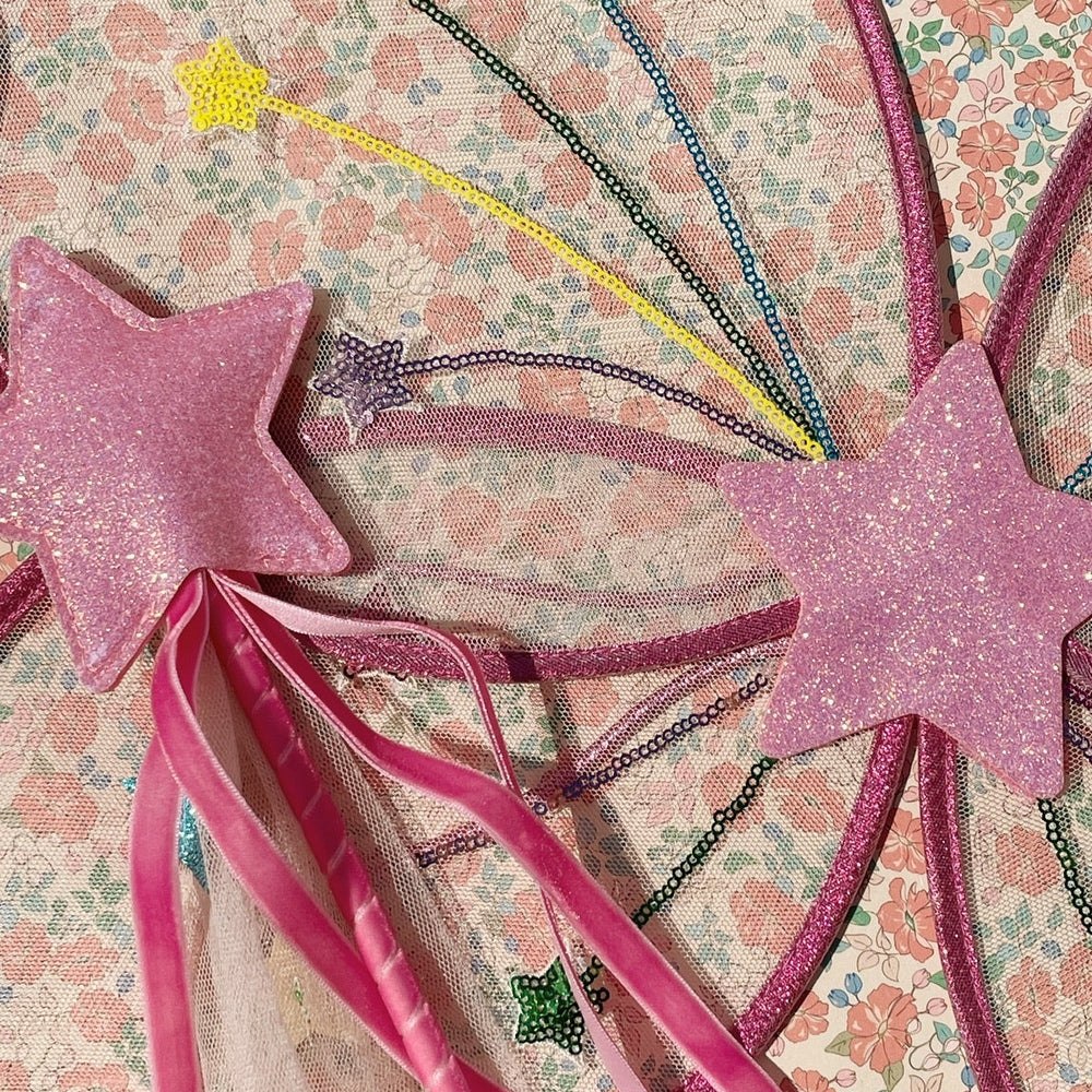 Konges Slojd fairy rainbow costume with pink glitter star wings and pink ribbons