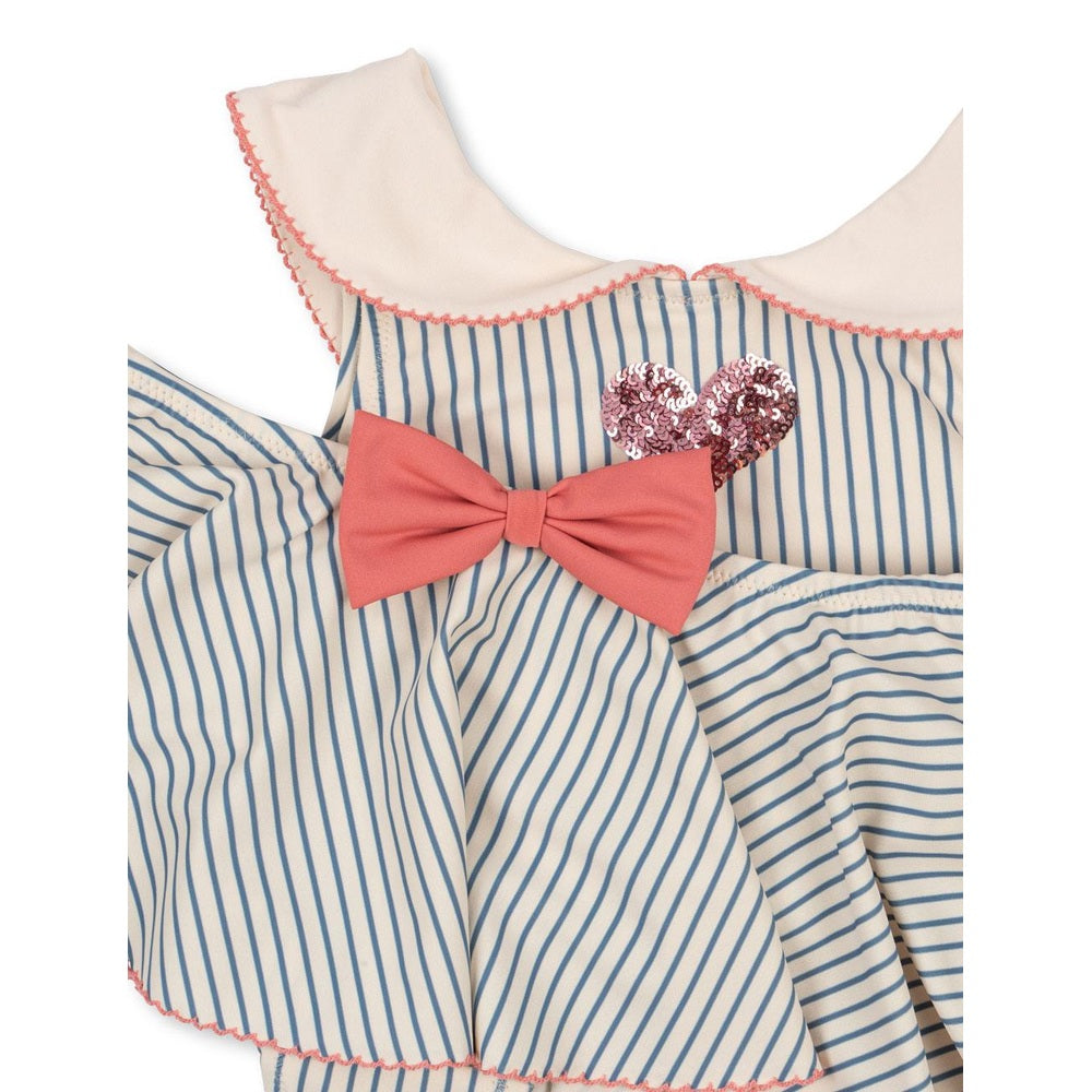Konges Slojd Gina Bikini Two Piece Set Grs Blue Stripe laid flat with pink bow and sequined heart accents.
