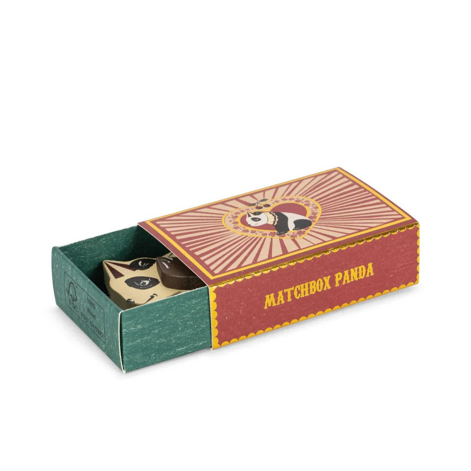 Konges Slojd Matchbox Animals in teal and maroon box, open to reveal panda toy figure.