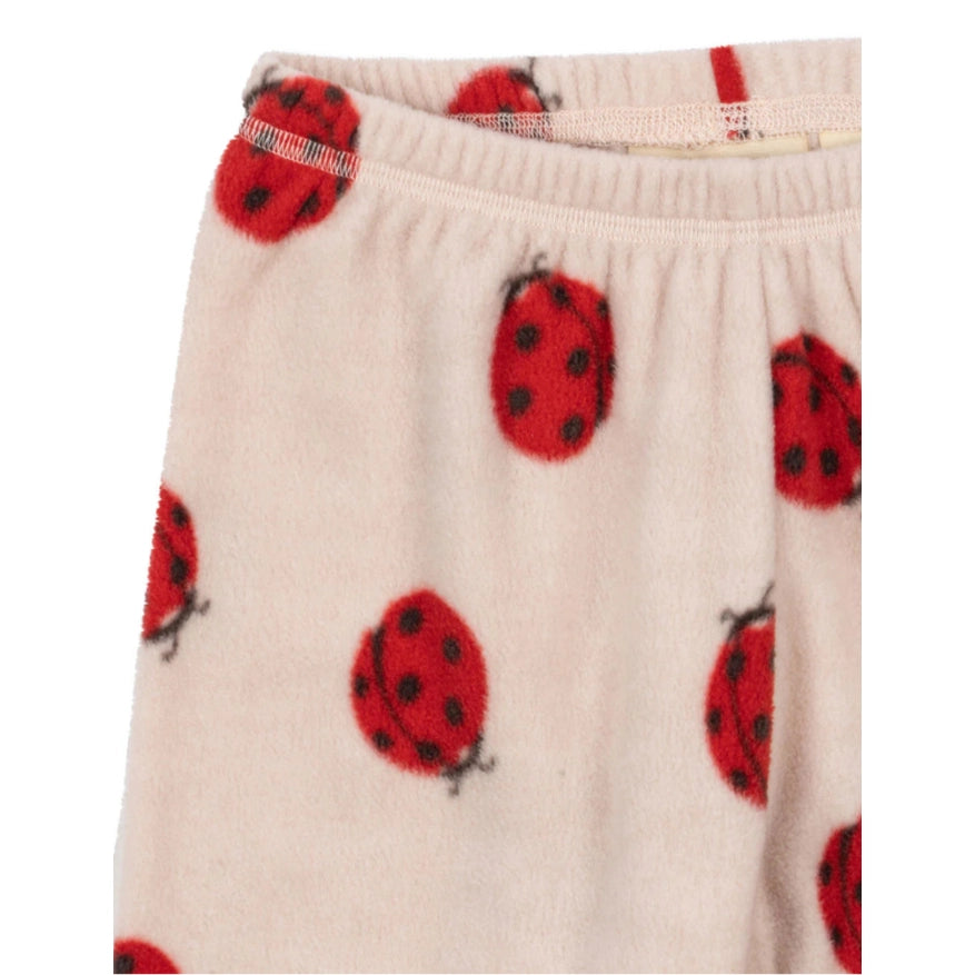 Konges Slojd Tavi fleece pants, beige with red ladybug print, cozy loungewear bottoms