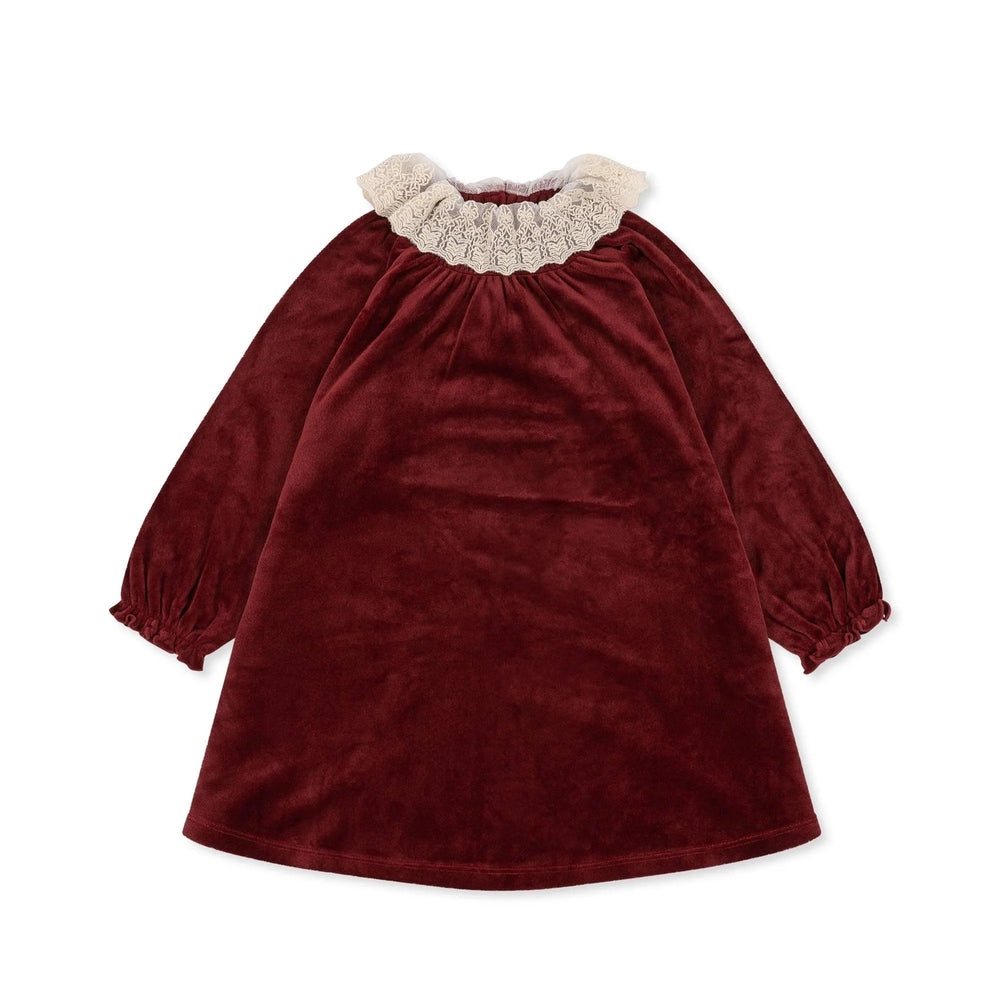 Konges Slojd Venola Dress Red Dahlia velvet baby dress shown laid flat to reveal cream lace collar and puff sleeves.
