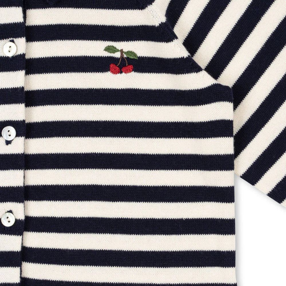 Konges Slojd Venton cotton knit cardigan, navy/white stripes with cherry embroidery and button-front.
