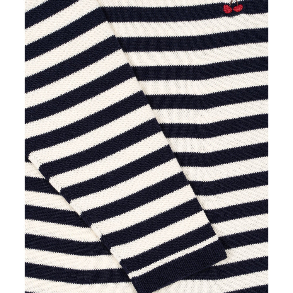 Konges Slojd Venton cotton knit dress in navy stripe, textured knit with cuffed sleeve, GOTS-certified.