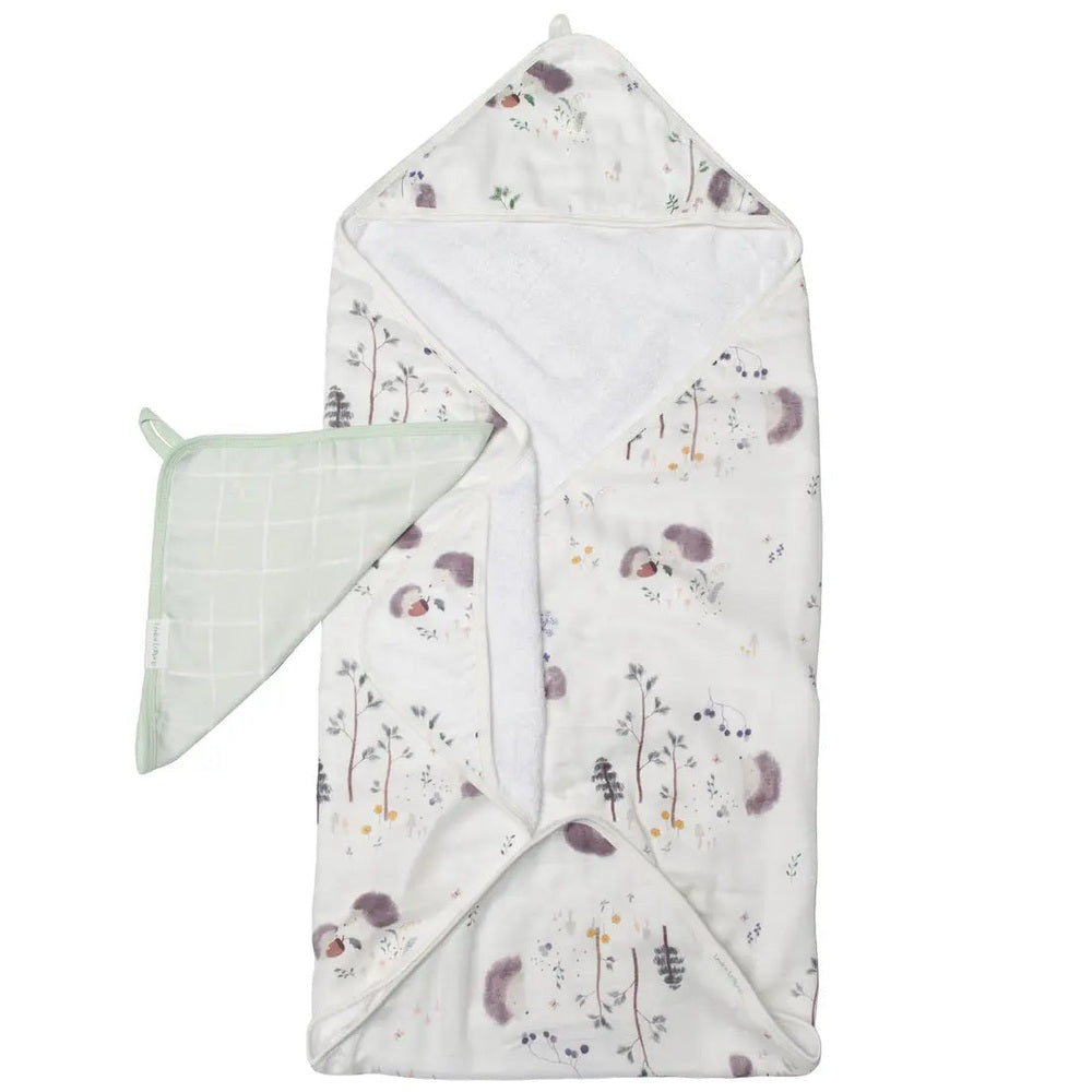 LOULOU LOLLIPOP Hooded Towel Set in floral print with mint washcloth, showing the 2-piece baby bath set.