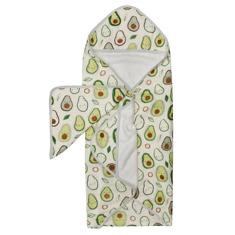 Loulou Lollipop Hooded Towel Set with avocado print in green tones; includes washcloth.