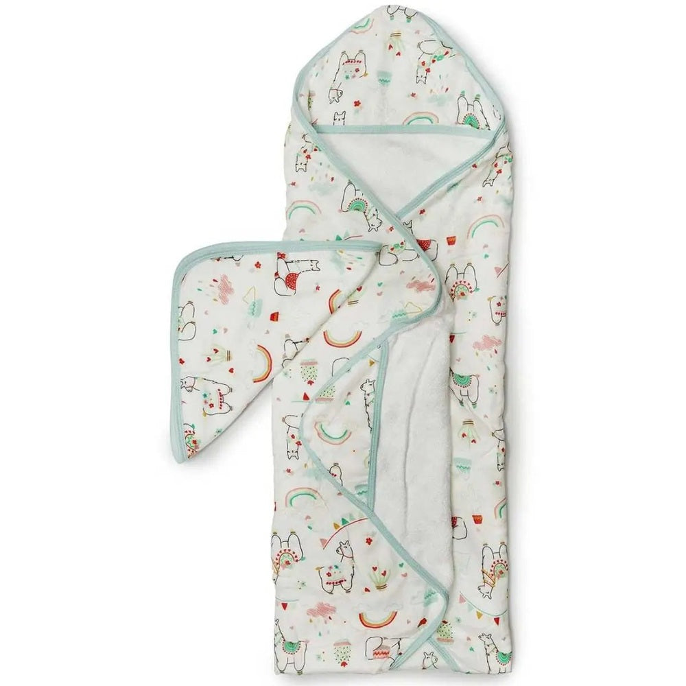 Loulou Lollipop Hooded Towel Set, white pastel print with mint trim; two-piece baby bath set neatly displayed.