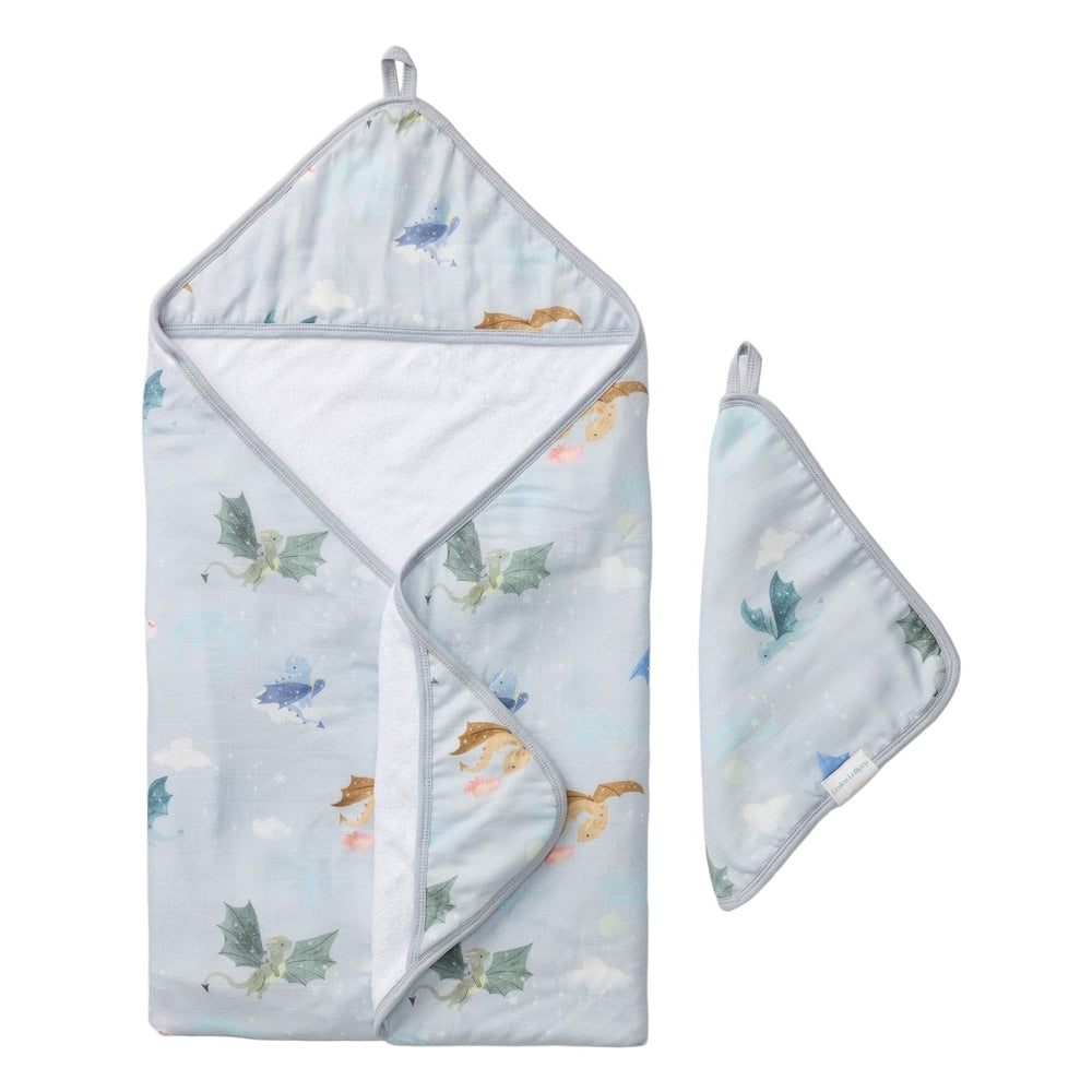 LOULOU LOLLIPOP Hooded Towel Set in pale blue with dragon print, shown with hood on and matching washcloth.