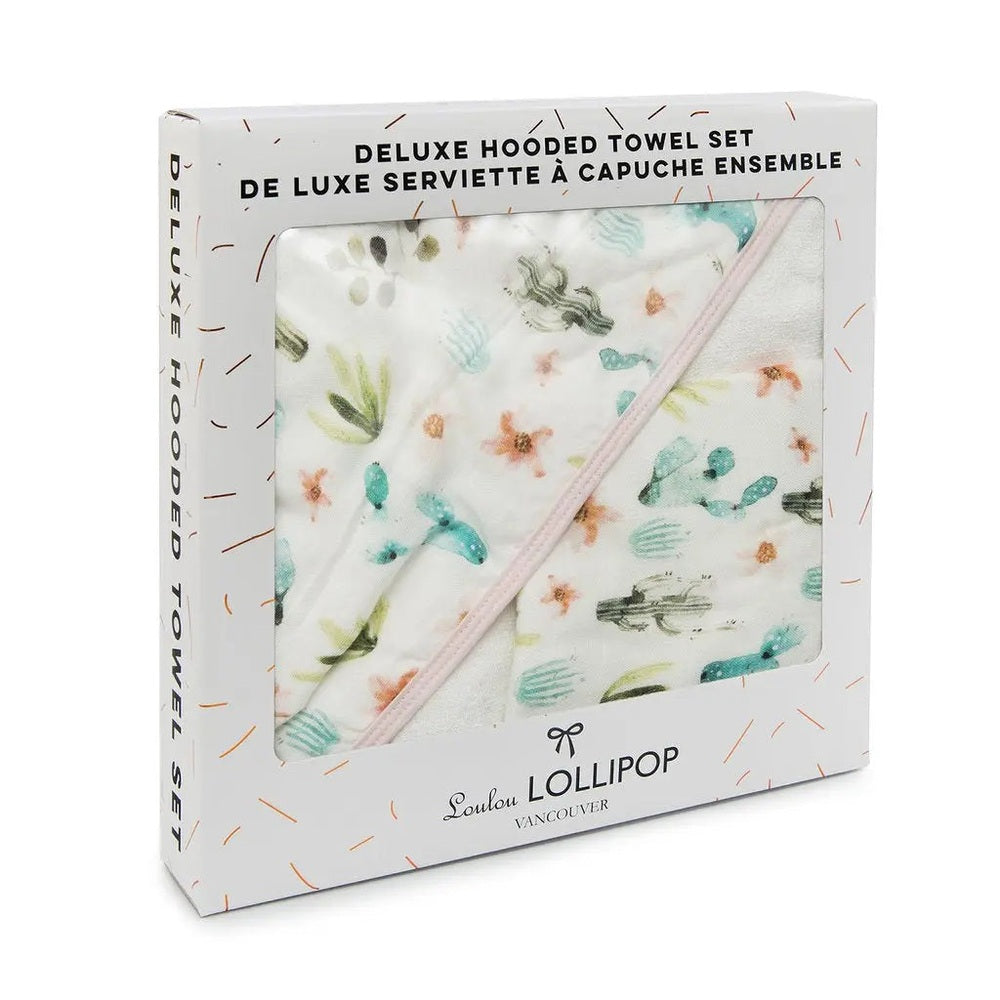 Loulou Lollipop Hooded Towel Set for babies, pastel cactus print, boxed with brand logo.