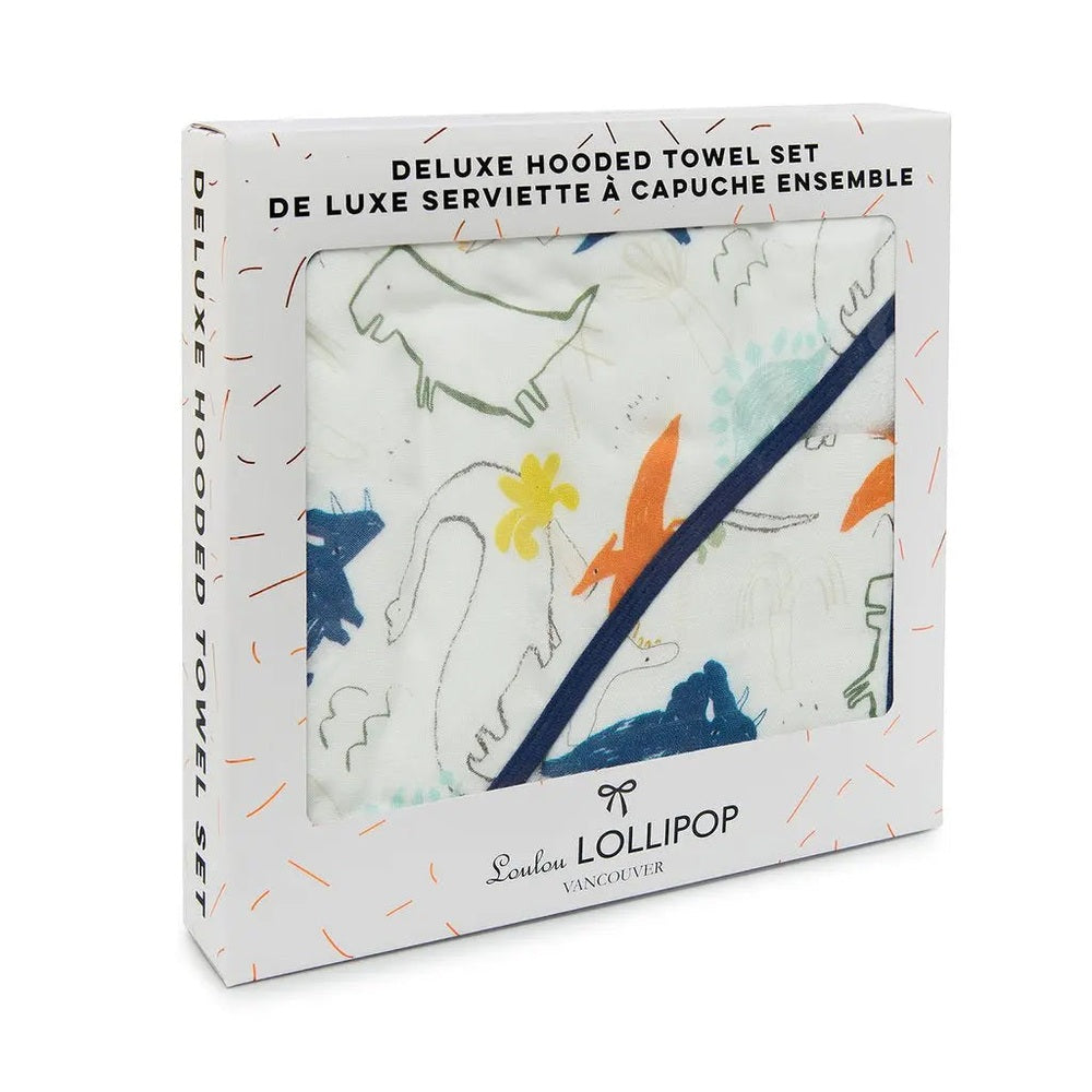 Loulou Lollipop Hooded Towel Set: white dinosaur-print bath towels with navy trim, boxed deluxe gift set.