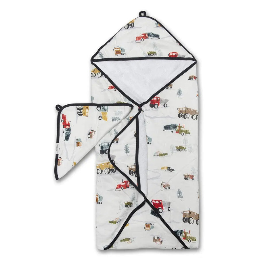 Loulou Lollipop Hooded Towel Set: white with colorful trucks, hooded towel and matching washcloth with black trim